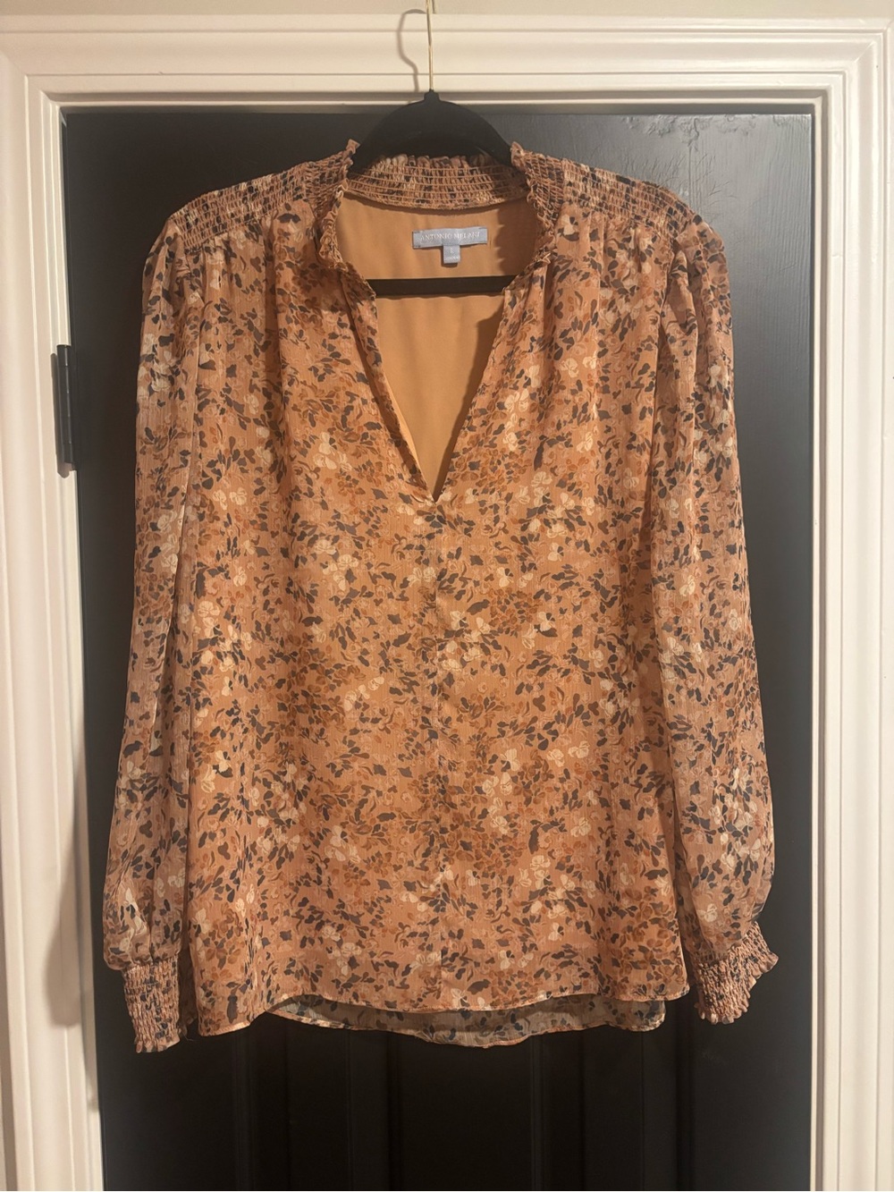 Women’s Smocked V-Neck Floral Blouse - Tan Floral
